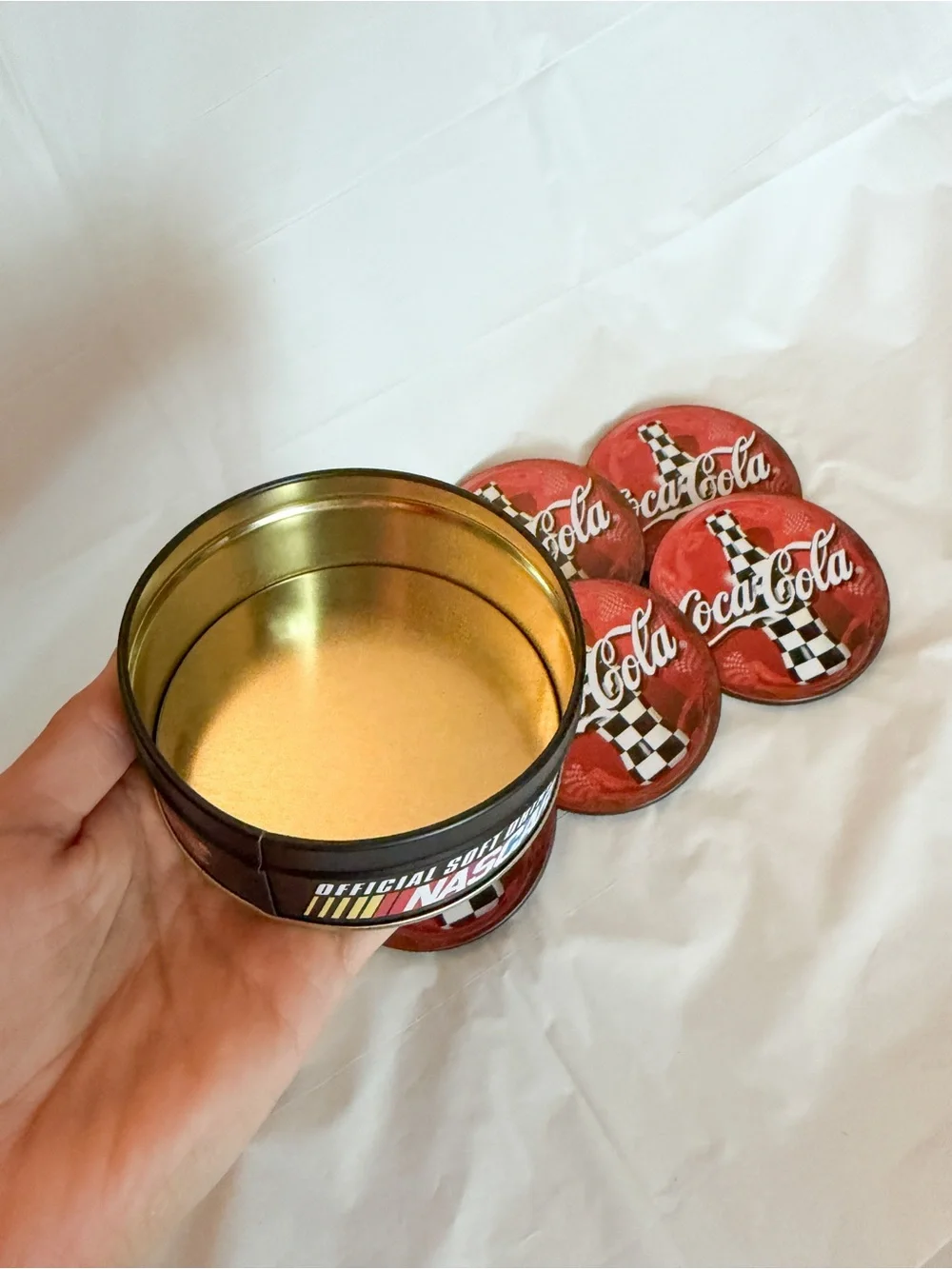 Coca-Cola NASCAR Coaster Set w/ Collectible Tin 6 Glass Coasters | Coke Racing